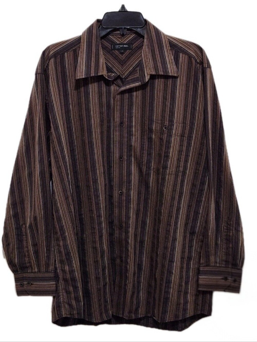 Cotton Reel Mens L Brown Striped Button Up Shirt Longsleeve